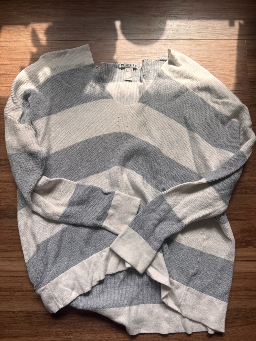 Forever 21 Women’s Cream & Light Gray Striped V-Neck Sweater